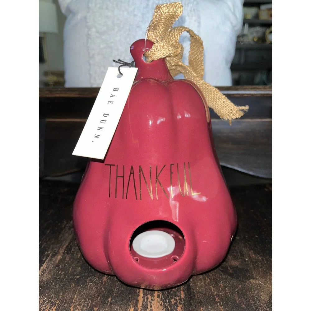 Rae Dunn Thankful Ceramic Pumpkin Tea Light Holder Burgundy Gold Fall Decor